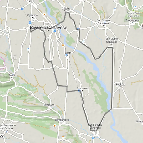 Zemljevid v pomanjšavi "Raziskovanje okolice Rivarolo Canavese - 44 km" kolesarske inspiracije v Piemonte, Italy. Generirano z načrtovalcem kolesarskih poti Tarmacs.app