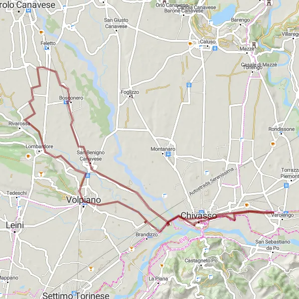 Miniatua del mapa de inspiración ciclista "Ruta de Feletto a Rivarossa por caminos de grava" en Piemonte, Italy. Generado por Tarmacs.app planificador de rutas ciclistas