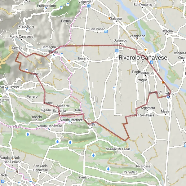 Kartminiatyr av "Grusvei til Barbania og Rivara fra Feletto" sykkelinspirasjon i Piemonte, Italy. Generert av Tarmacs.app sykkelrutoplanlegger