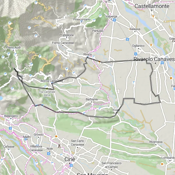Zemljevid v pomanjšavi "Kolesarska pot skozi Vauda Canavese in okolico" kolesarske inspiracije v Piemonte, Italy. Generirano z načrtovalcem kolesarskih poti Tarmacs.app