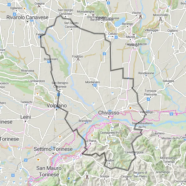 Miniatua del mapa de inspiración ciclista "Ruta de ciclismo de carretera cerca de Feletto" en Piemonte, Italy. Generado por Tarmacs.app planificador de rutas ciclistas