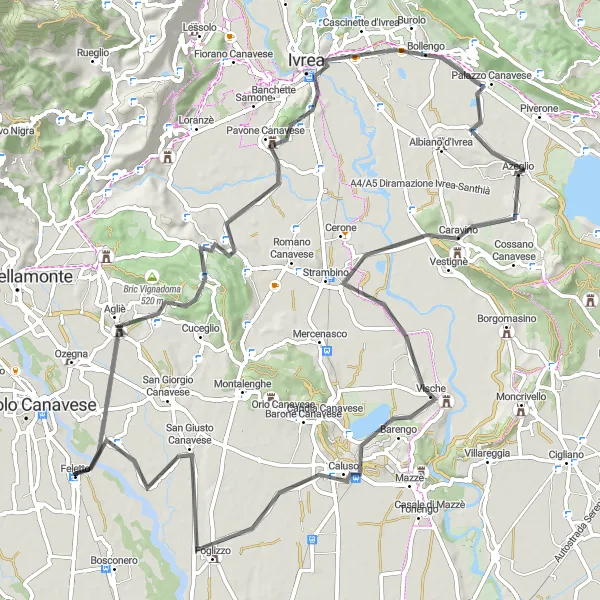 Map miniature of "Agliè and Perosa Canavese Scenic Ride" cycling inspiration in Piemonte, Italy. Generated by Tarmacs.app cycling route planner
