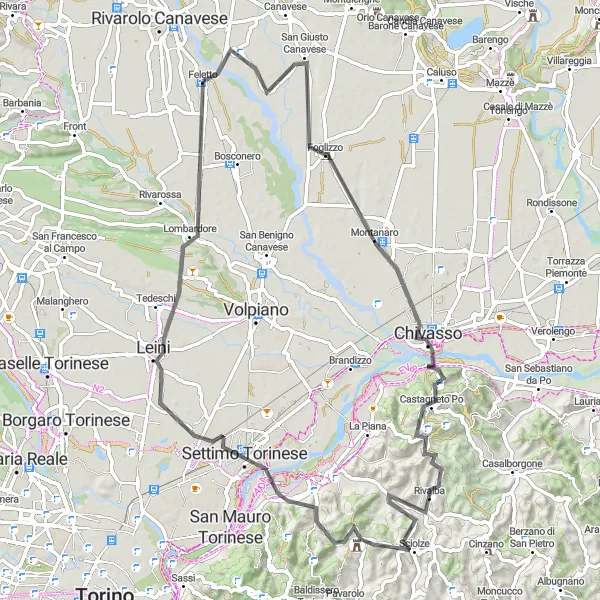Miniatua del mapa de inspiración ciclista "Desafiante ruta de ciclismo de carretera en los alrededores de Feletto" en Piemonte, Italy. Generado por Tarmacs.app planificador de rutas ciclistas