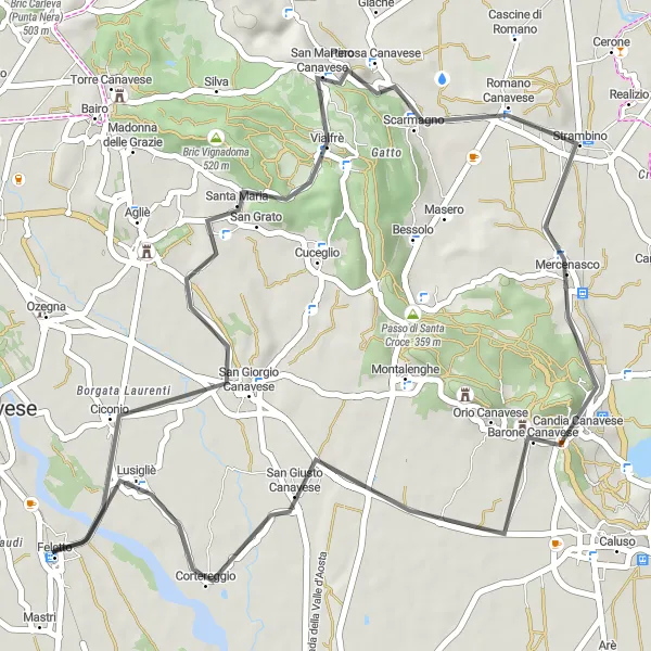 Kartminiatyr av "San Giorgio Canavese Circuit" sykkelinspirasjon i Piemonte, Italy. Generert av Tarmacs.app sykkelrutoplanlegger