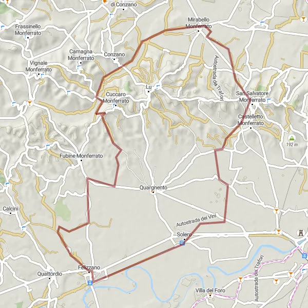Miniaturní mapa "Gravel cyklotrasa z Felizzano" inspirace pro cyklisty v oblasti Piemonte, Italy. Vytvořeno pomocí plánovače tras Tarmacs.app