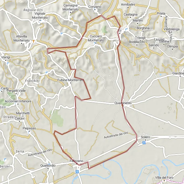 Miniaturní mapa "Gravelová cyklotrasa okolo Felizzana" inspirace pro cyklisty v oblasti Piemonte, Italy. Vytvořeno pomocí plánovače tras Tarmacs.app