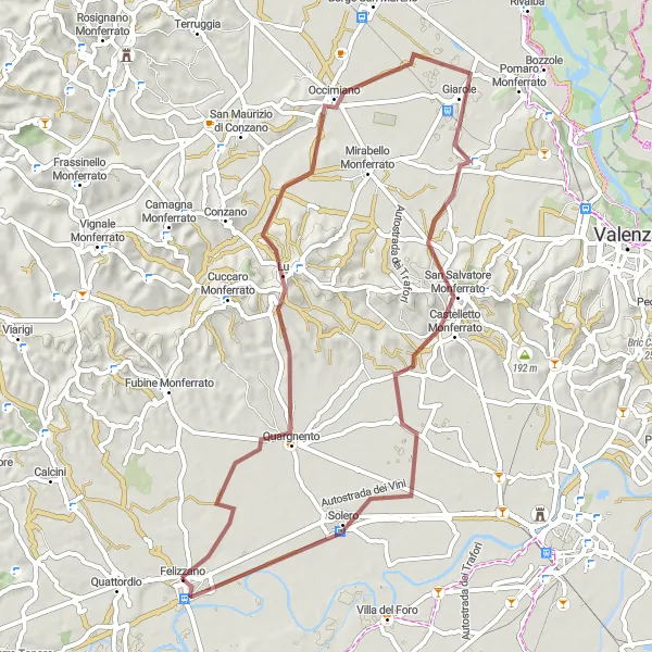 Miniaturní mapa "Výlet na kole kolem Felizzana" inspirace pro cyklisty v oblasti Piemonte, Italy. Vytvořeno pomocí plánovače tras Tarmacs.app