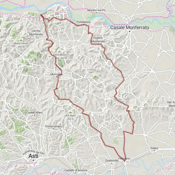 Miniaturní mapa "Náročná cyklotrasa s povrchem z štěrku" inspirace pro cyklisty v oblasti Piemonte, Italy. Vytvořeno pomocí plánovače tras Tarmacs.app