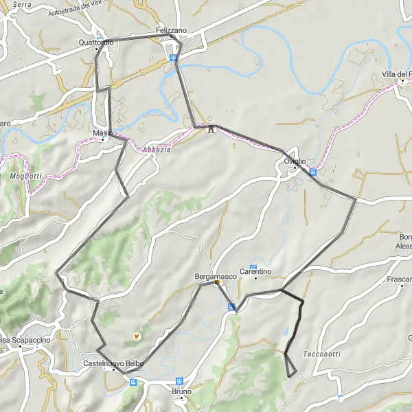 Kartminiatyr av "Felizzano til Quattordio Loop" sykkelinspirasjon i Piemonte, Italy. Generert av Tarmacs.app sykkelrutoplanlegger