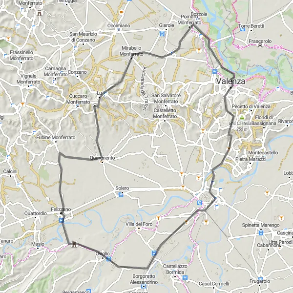 Miniaturní mapa "Silniční cyklotrasa kolem Felizzana" inspirace pro cyklisty v oblasti Piemonte, Italy. Vytvořeno pomocí plánovače tras Tarmacs.app