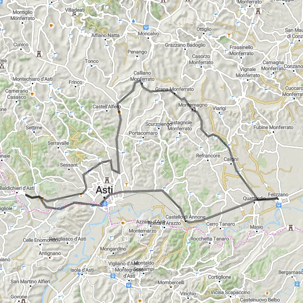 Zemljevid v pomanjšavi "Kolesarska pot skozi Asti in Montemagno" kolesarske inspiracije v Piemonte, Italy. Generirano z načrtovalcem kolesarskih poti Tarmacs.app