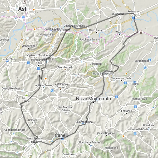 Miniaturní mapa "Cyklistická trasa kolem Felizzana" inspirace pro cyklisty v oblasti Piemonte, Italy. Vytvořeno pomocí plánovače tras Tarmacs.app