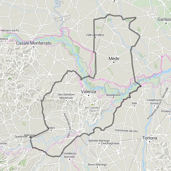 Miniaturní mapa "Cyklistická trasa okolo Felizzano" inspirace pro cyklisty v oblasti Piemonte, Italy. Vytvořeno pomocí plánovače tras Tarmacs.app