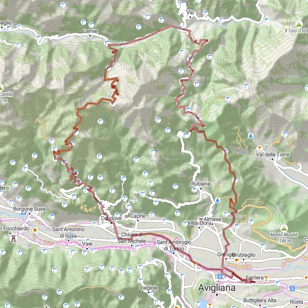 Miniatura della mappa di ispirazione al ciclismo "Sfida tra Rocce Rosse e Monte Curt" nella regione di Piemonte, Italy. Generata da Tarmacs.app, pianificatore di rotte ciclistiche