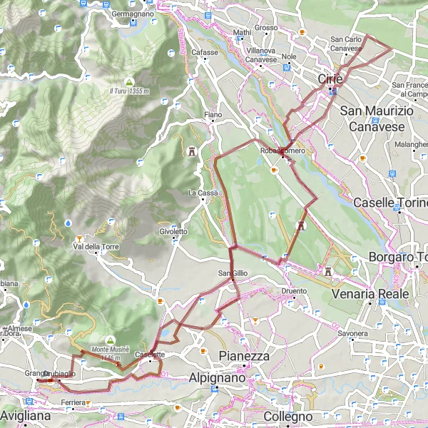 Map miniature of "Caselette to Monte Musinè Gravel Route" cycling inspiration in Piemonte, Italy. Generated by Tarmacs.app cycling route planner