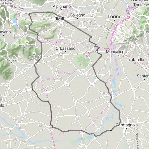 Kartminiatyr av "Landsvägscykling till Reano" cykelinspiration i Piemonte, Italy. Genererad av Tarmacs.app cykelruttplanerare