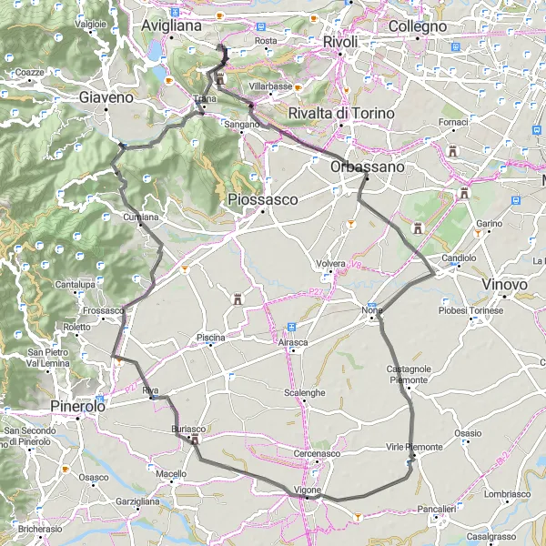 Miniatua del mapa de inspiración ciclista "Ruta de Reano a Monte Cuneo" en Piemonte, Italy. Generado por Tarmacs.app planificador de rutas ciclistas