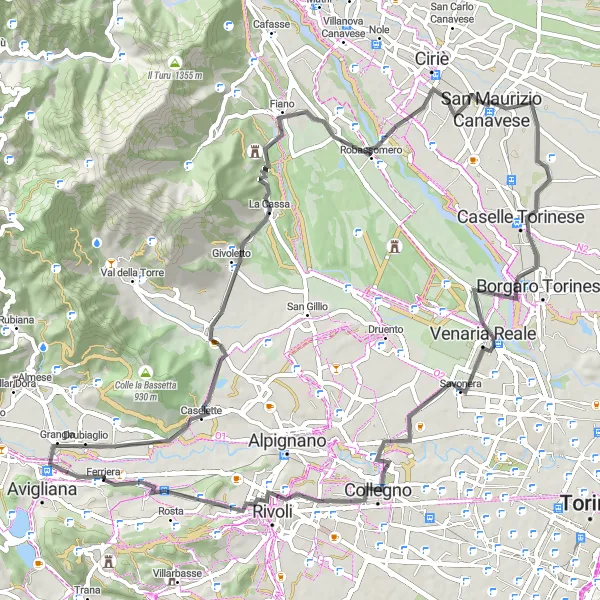 Map miniature of "Monte Calvo and Savonera Road Loop" cycling inspiration in Piemonte, Italy. Generated by Tarmacs.app cycling route planner