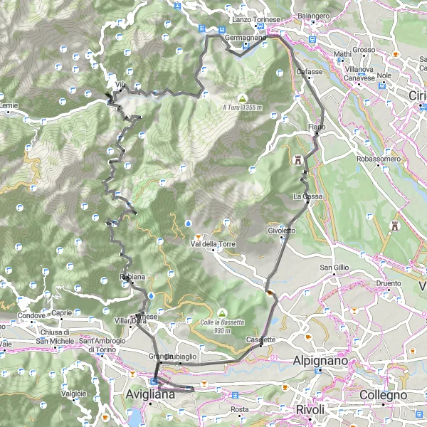 Miniatura mapy "Wyzwanie w górach: trasa szosowa z widokiem na Monte Pezzulano" - trasy rowerowej w Piemonte, Italy. Wygenerowane przez planer tras rowerowych Tarmacs.app