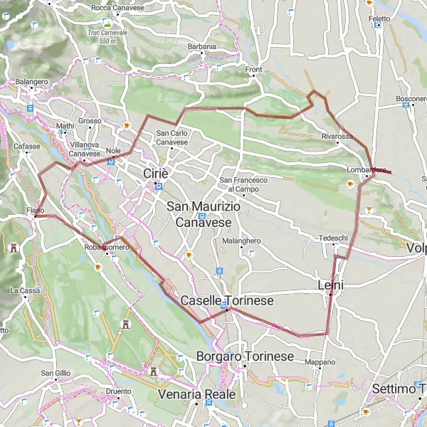 Miniaturekort af cykelinspirationen "Gruscykeltur gennem Villanova Canavese og Lombardore" i Piemonte, Italy. Genereret af Tarmacs.app cykelruteplanlægger