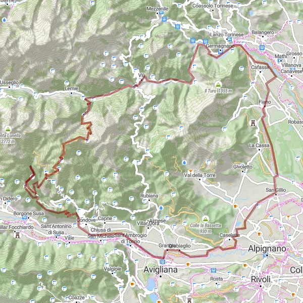 Miniatua del mapa de inspiración ciclista "Aventura de 108 km en gravilla" en Piemonte, Italy. Generado por Tarmacs.app planificador de rutas ciclistas