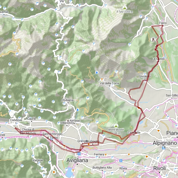 Kartminiatyr av "Monte Calvo og Monte Pirchiriano Grusvei Eventyr" sykkelinspirasjon i Piemonte, Italy. Generert av Tarmacs.app sykkelrutoplanlegger