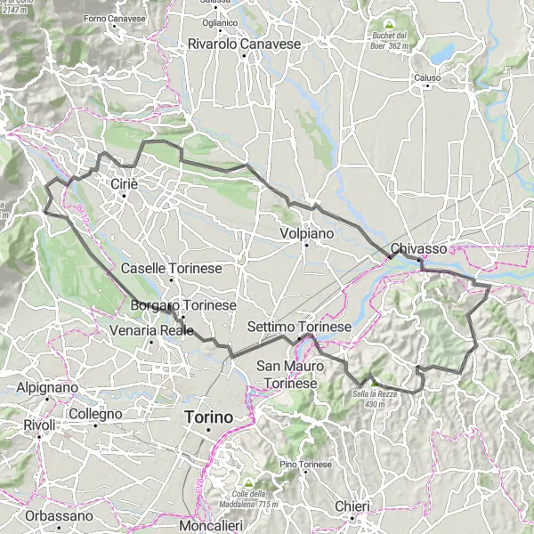 Map miniature of "Fiano Loop" cycling inspiration in Piemonte, Italy. Generated by Tarmacs.app cycling route planner