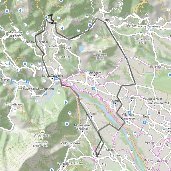 Kartminiatyr av "Fiano till Corio Road Cycling Tour" cykelinspiration i Piemonte, Italy. Genererad av Tarmacs.app cykelruttplanerare