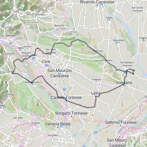 Miniatua del mapa de inspiración ciclista "Aventura en Villanova Canavese y San Benigno Canavese" en Piemonte, Italy. Generado por Tarmacs.app planificador de rutas ciclistas