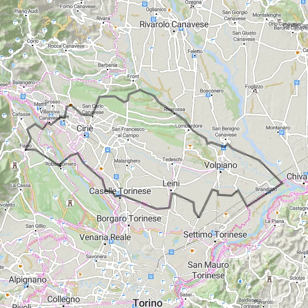 Miniatura della mappa di ispirazione al ciclismo "Giro ciclistico Fiano - Robassomero" nella regione di Piemonte, Italy. Generata da Tarmacs.app, pianificatore di rotte ciclistiche