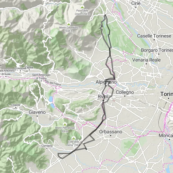 Mapa miniatúra "Scenic Road Cycling Route via Piossasco" cyklistická inšpirácia v Piemonte, Italy. Vygenerované cyklistickým plánovačom trás Tarmacs.app