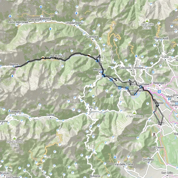 Zemljevid v pomanjšavi "Po sledeh zgodovine in narave do Monte Blina" kolesarske inspiracije v Piemonte, Italy. Generirano z načrtovalcem kolesarskih poti Tarmacs.app