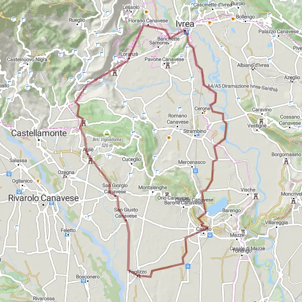 Mapa miniatúra "Gravel okruh cez Agliè, Strambinello a Caluso" cyklistická inšpirácia v Piemonte, Italy. Vygenerované cyklistickým plánovačom trás Tarmacs.app