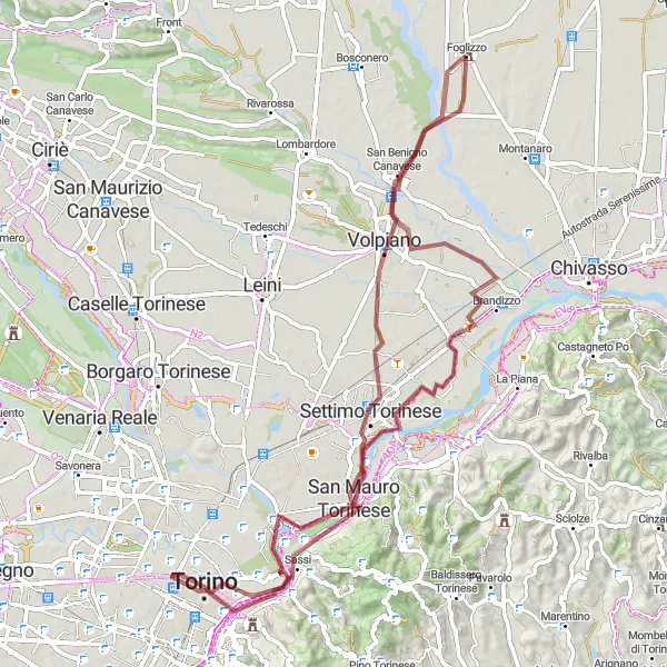 Miniaturekort af cykelinspirationen "Scenic Gravel Route til Mole Antonelliana og Foglizzo" i Piemonte, Italy. Genereret af Tarmacs.app cykelruteplanlægger