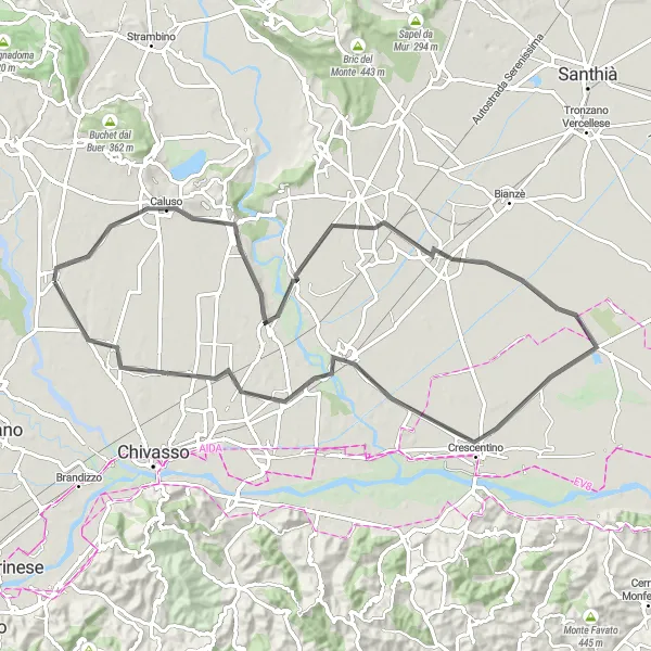 Miniatura della mappa di ispirazione al ciclismo "Tour in bicicletta tra Caluso e Saluggia" nella regione di Piemonte, Italy. Generata da Tarmacs.app, pianificatore di rotte ciclistiche
