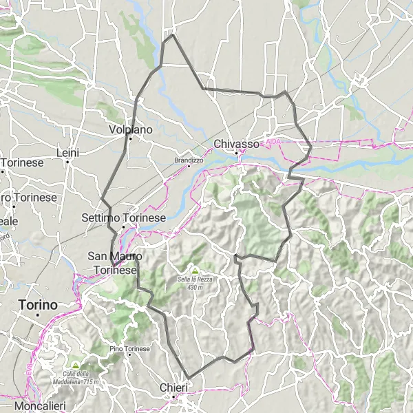 Zemljevid v pomanjšavi "Foglizzo - Volpiano Road Tour" kolesarske inspiracije v Piemonte, Italy. Generirano z načrtovalcem kolesarskih poti Tarmacs.app