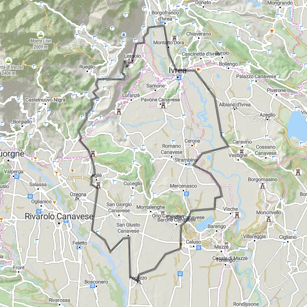 Karttaminiaatyyri "Reittinäkymiä ympäri Agliè ja Valico di Strambinello" pyöräilyinspiraatiosta alueella Piemonte, Italy. Luotu Tarmacs.app pyöräilyreittisuunnittelijalla