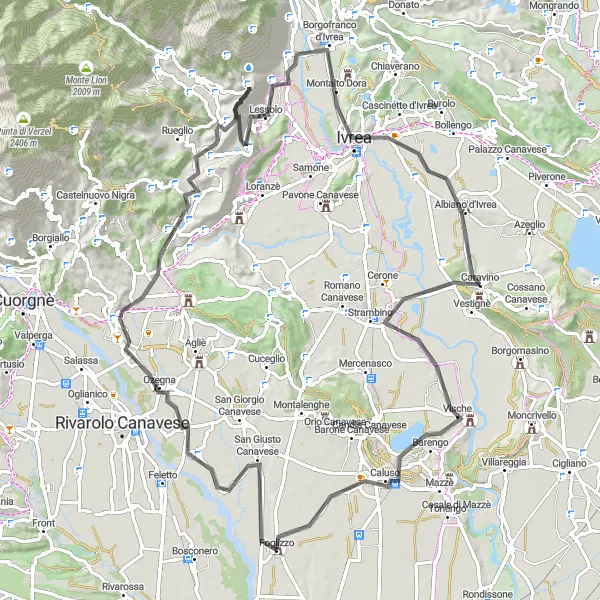 Miniatuurkaart van de fietsinspiratie "Wegroute van Foglizzo naar het Castello di Biandrate" in Piemonte, Italy. Gemaakt door de Tarmacs.app fietsrouteplanner