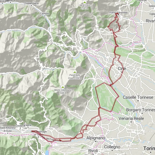 Karttaminiaatyyri "Reitti kohti Rocca Canavesea" pyöräilyinspiraatiosta alueella Piemonte, Italy. Luotu Tarmacs.app pyöräilyreittisuunnittelijalla