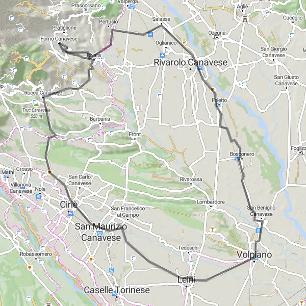 Mapa miniatúra "Historická cyklotrasa po cestách" cyklistická inšpirácia v Piemonte, Italy. Vygenerované cyklistickým plánovačom trás Tarmacs.app