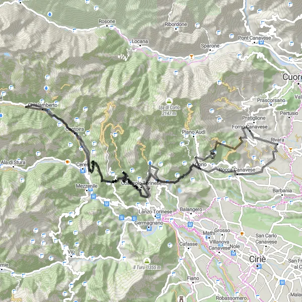 Karttaminiaatyyri "Polkupyöräreitti kohti Monte Garnéa" pyöräilyinspiraatiosta alueella Piemonte, Italy. Luotu Tarmacs.app pyöräilyreittisuunnittelijalla