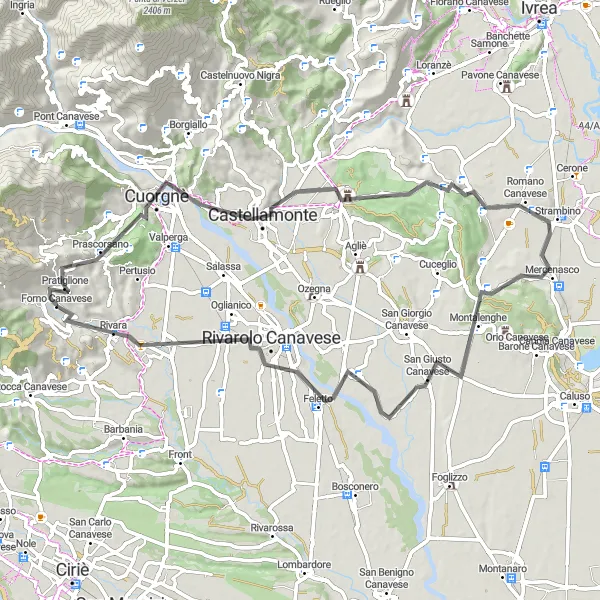 Map miniature of "Forno Canavese - Monte Riolo" cycling inspiration in Piemonte, Italy. Generated by Tarmacs.app cycling route planner