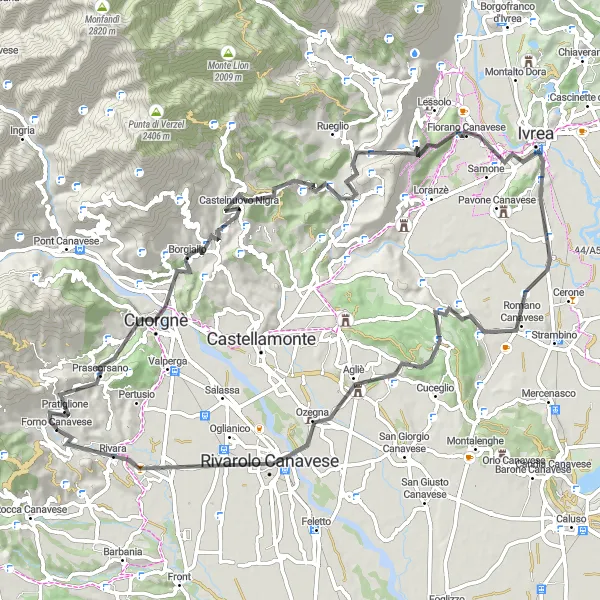 Map miniature of "From Forno Canavese to Agliè and Back" cycling inspiration in Piemonte, Italy. Generated by Tarmacs.app cycling route planner