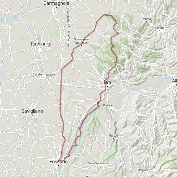 Zemljevid v pomanjšavi "Gravel kolesarska pot skozi čudovite Marene" kolesarske inspiracije v Piemonte, Italy. Generirano z načrtovalcem kolesarskih poti Tarmacs.app