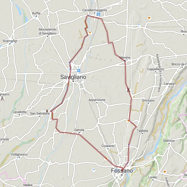 Map miniature of "Gravel Ride to Marene" cycling inspiration in Piemonte, Italy. Generated by Tarmacs.app cycling route planner