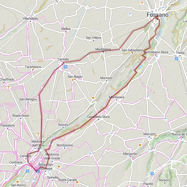 Map miniature of "Fossano - Castello Principi degli Acaja - Castelletto Stura - Madonna delle Grazie - Centallo - Fossano" cycling inspiration in Piemonte, Italy. Generated by Tarmacs.app cycling route planner