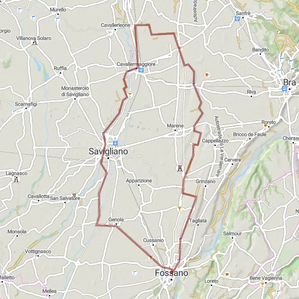 Zemljevid v pomanjšavi "Gravel Route from Fossano" kolesarske inspiracije v Piemonte, Italy. Generirano z načrtovalcem kolesarskih poti Tarmacs.app