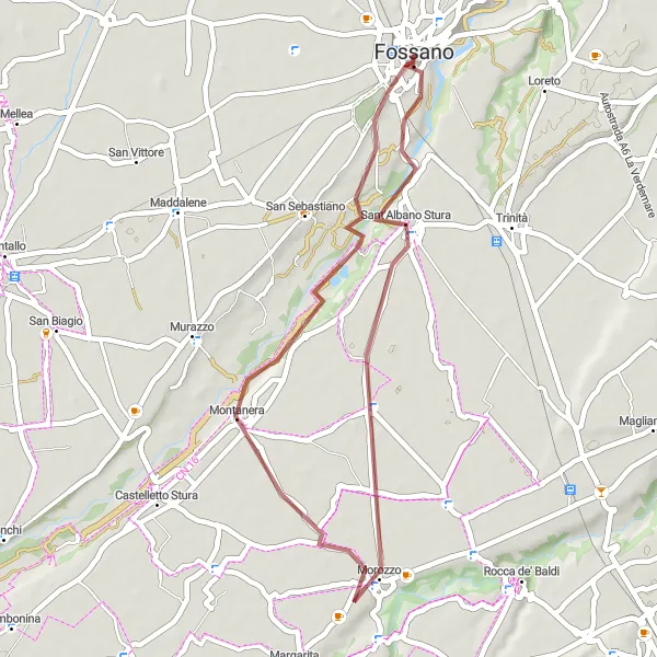 Map miniature of "Fossano - Castello Principi degli Acaja - Sant'Albano Stura - Montanera - Fossano" cycling inspiration in Piemonte, Italy. Generated by Tarmacs.app cycling route planner