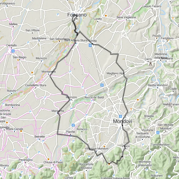 Zemljevid v pomanjšavi "Potovanje po cesti v bližini Fossana" kolesarske inspiracije v Piemonte, Italy. Generirano z načrtovalcem kolesarskih poti Tarmacs.app