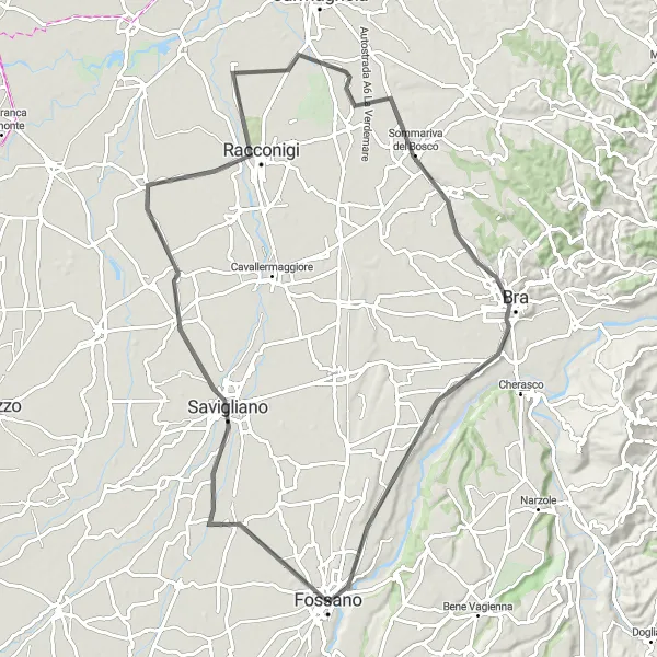 Karten-Miniaturansicht der Radinspiration "Einfache Straßenradtour rund um Fossano" in Piemonte, Italy. Erstellt vom Tarmacs.app-Routenplaner für Radtouren